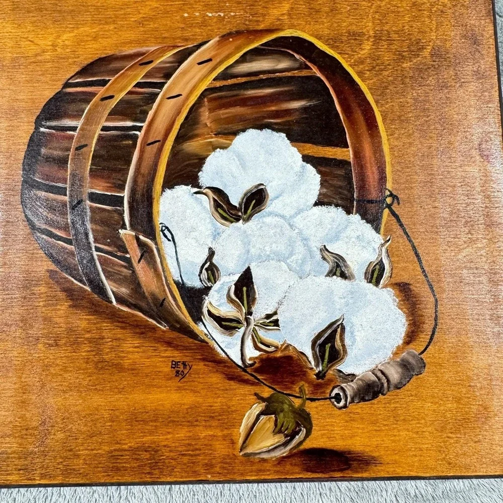 Vintage Hand Painted Wood Wall‎ Plaques Cotton Flowers Signed Betty Set of 2